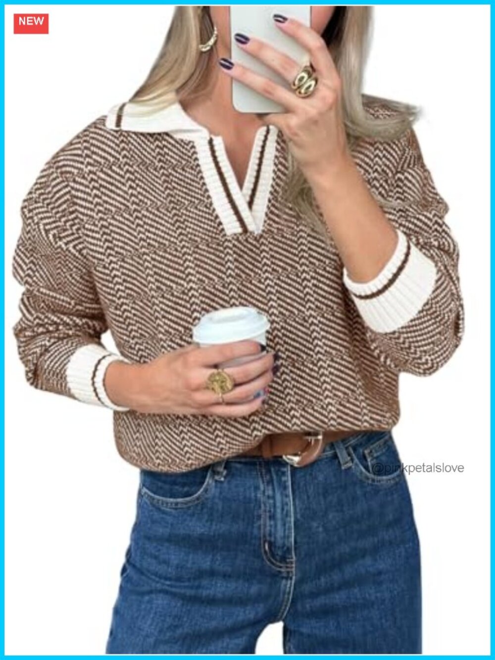V Neck Lapel Color Block Knit Pullover Sweater Loose Fit Womens